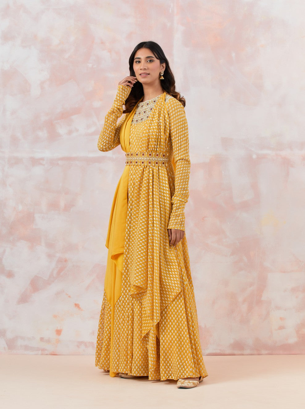 Yellow Embellished Anarkali Set With Belt