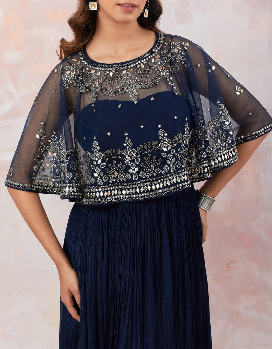 Blue Caped Gown With Embroidery
