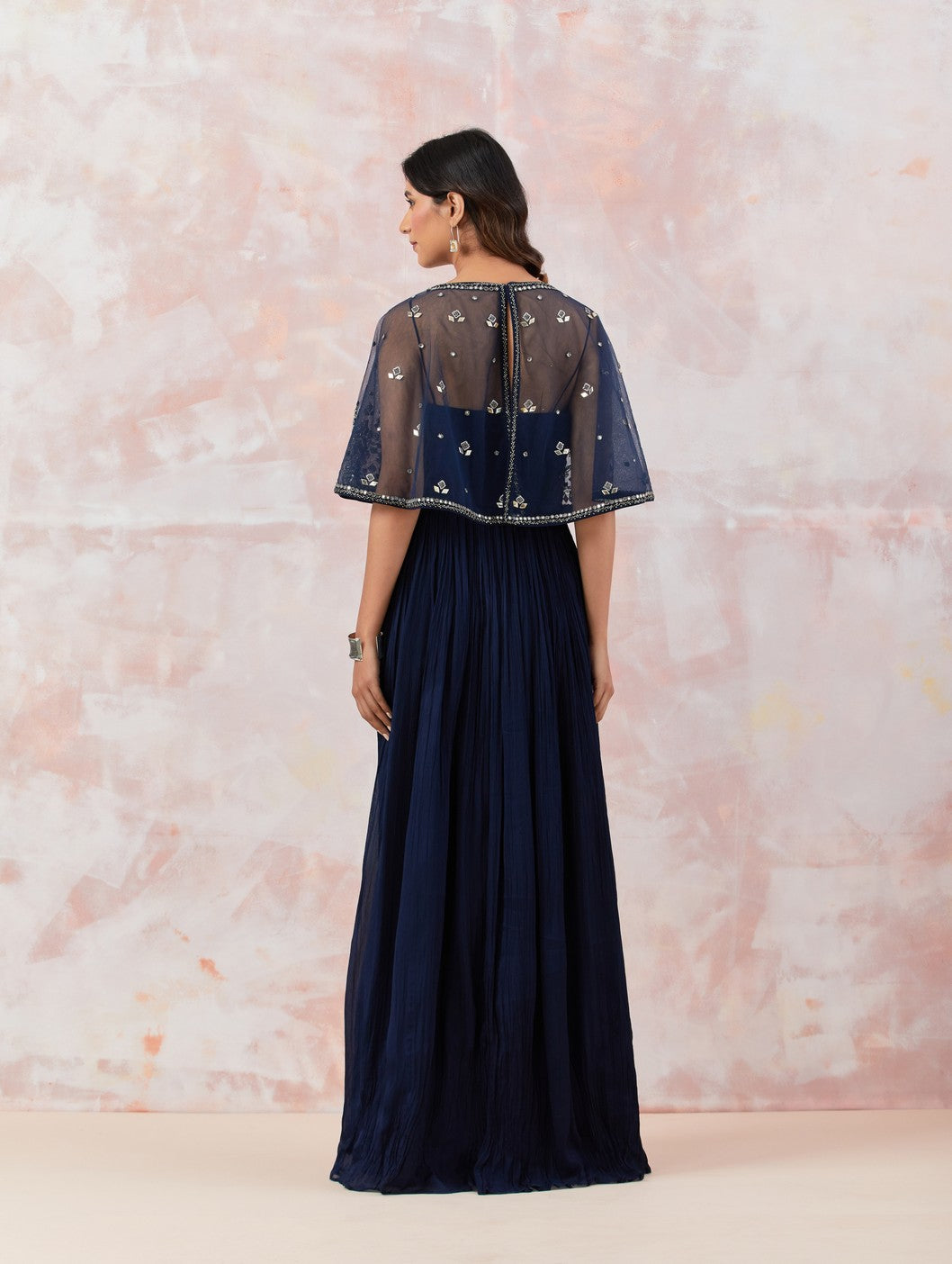 Blue Caped Gown With Embroidery
