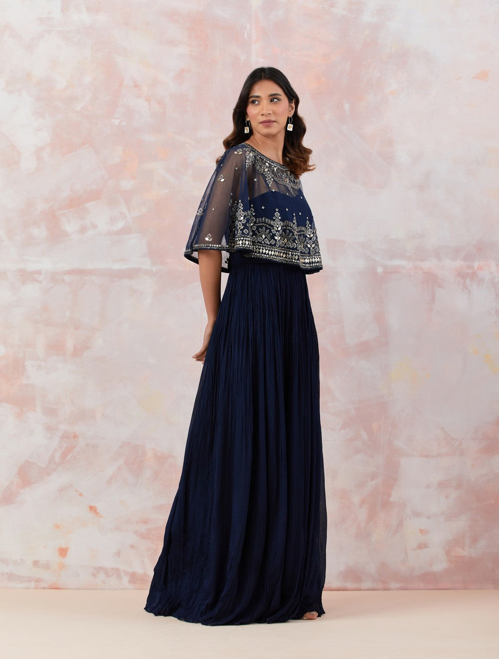Blue Caped Gown With Embroidery