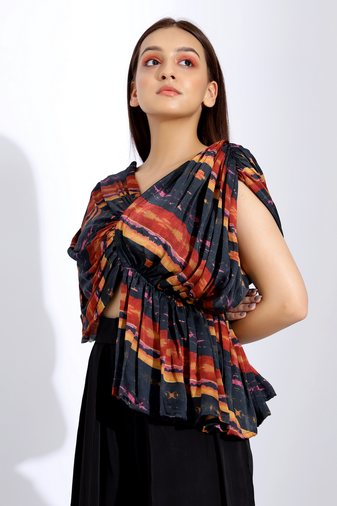 PRINTED DRAPE BLOUSE AND INVERTED PLEAT PANTS