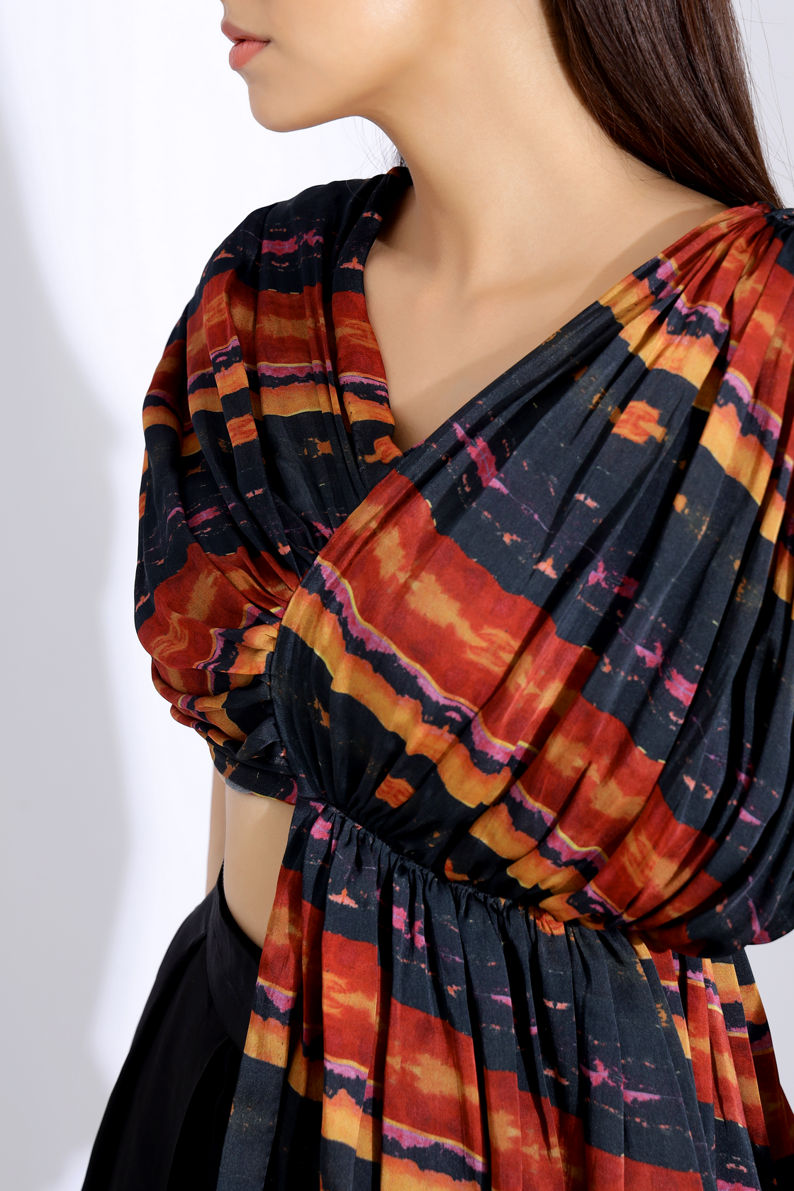 PRINTED DRAPE BLOUSE AND INVERTED PLEAT PANTS