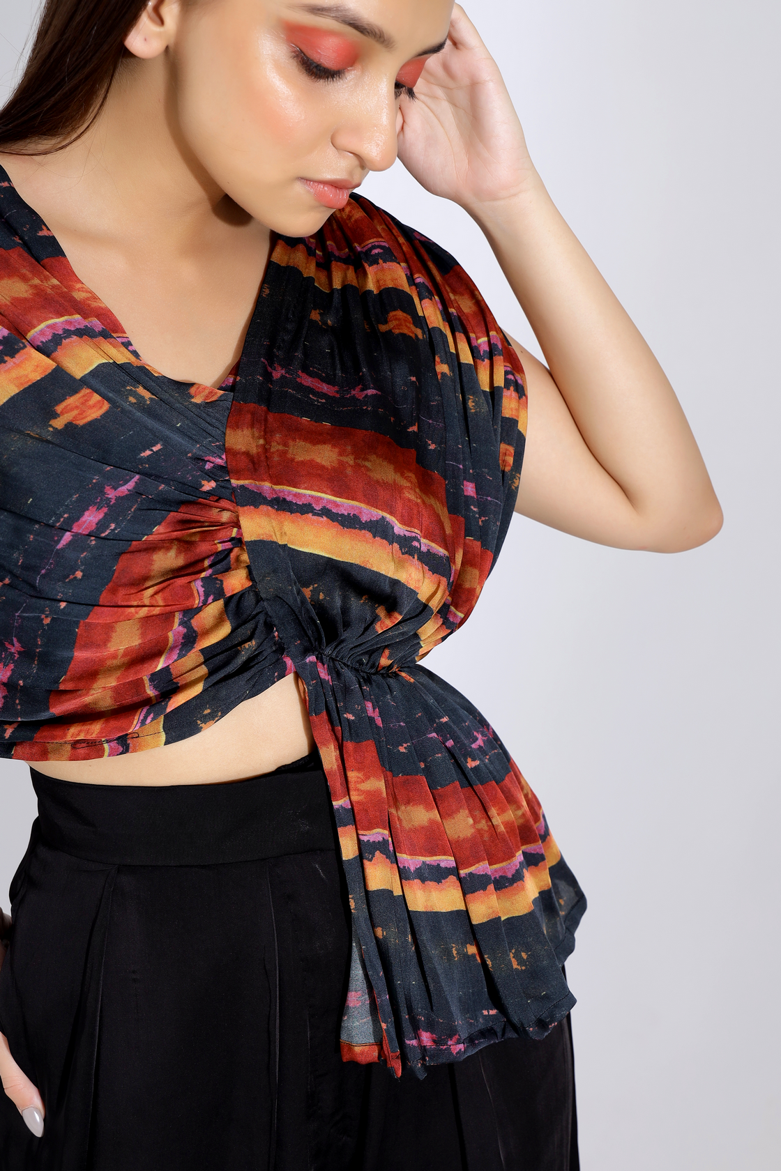 PRINTED DRAPE BLOUSE AND INVERTED PLEAT PANTS