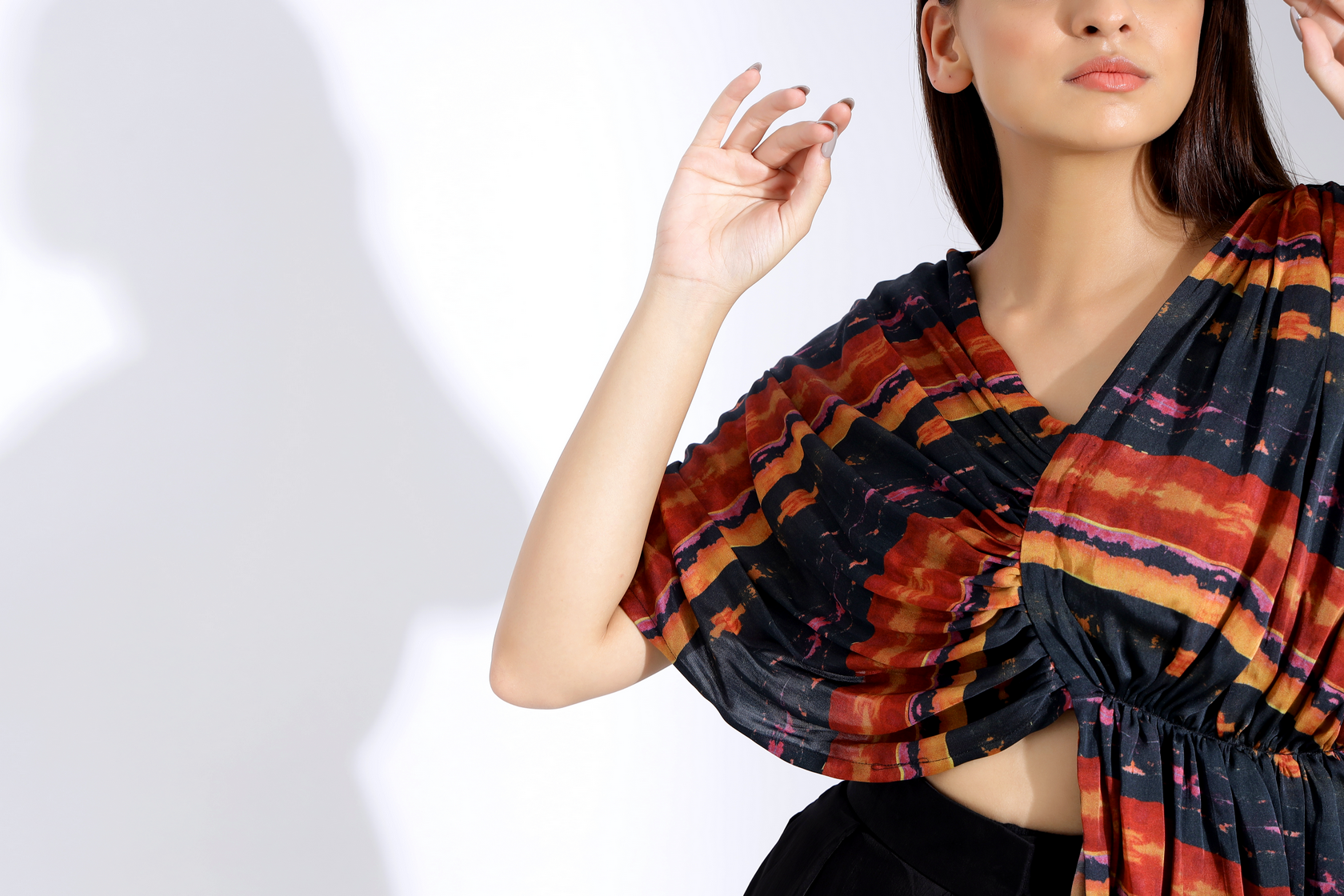 PRINTED DRAPE BLOUSE AND INVERTED PLEAT PANTS
