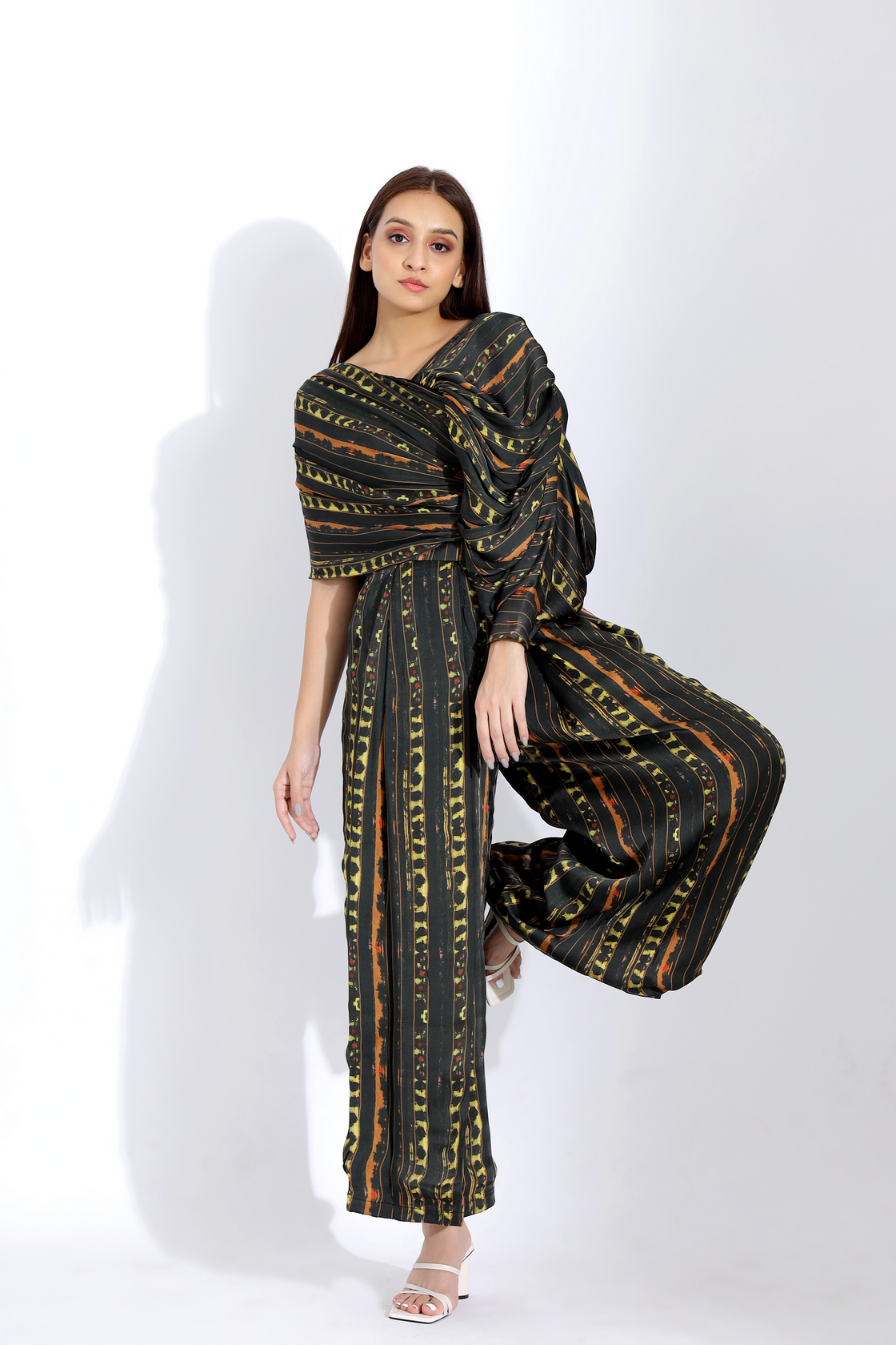 INVERTED PLEATED PANTS AND DRAPE BLOUSE