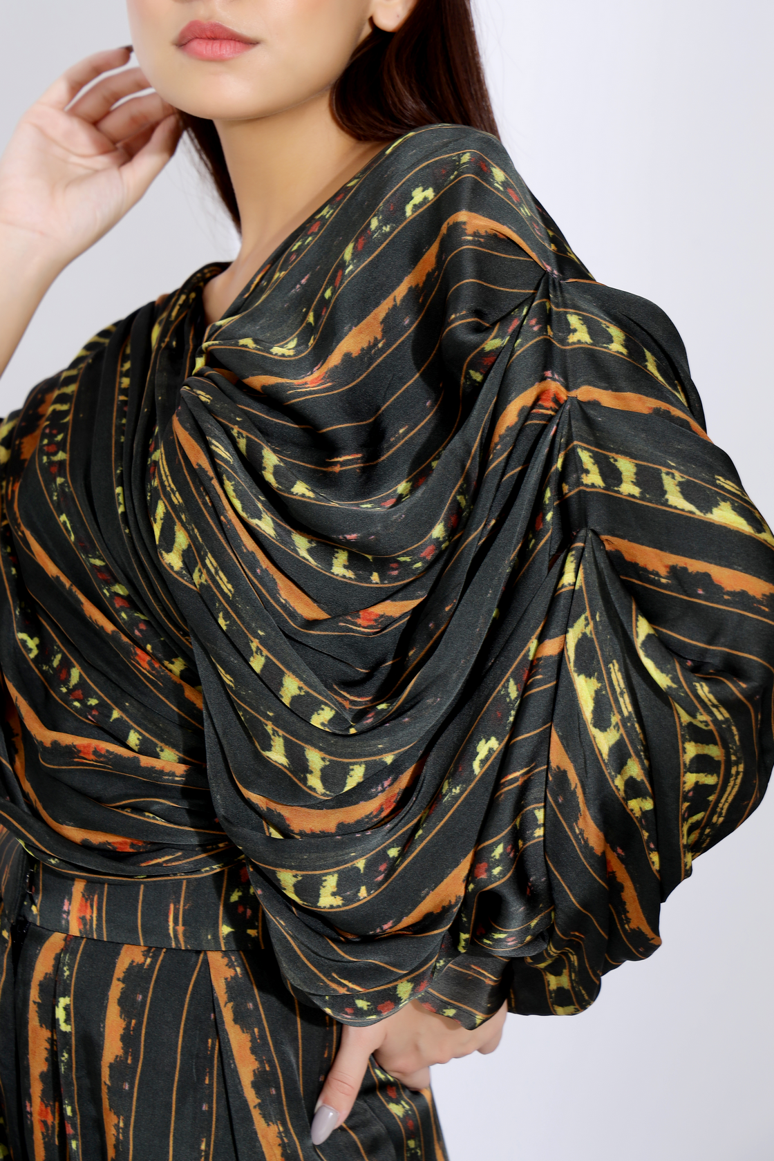INVERTED PLEATED PANTS AND DRAPE BLOUSE