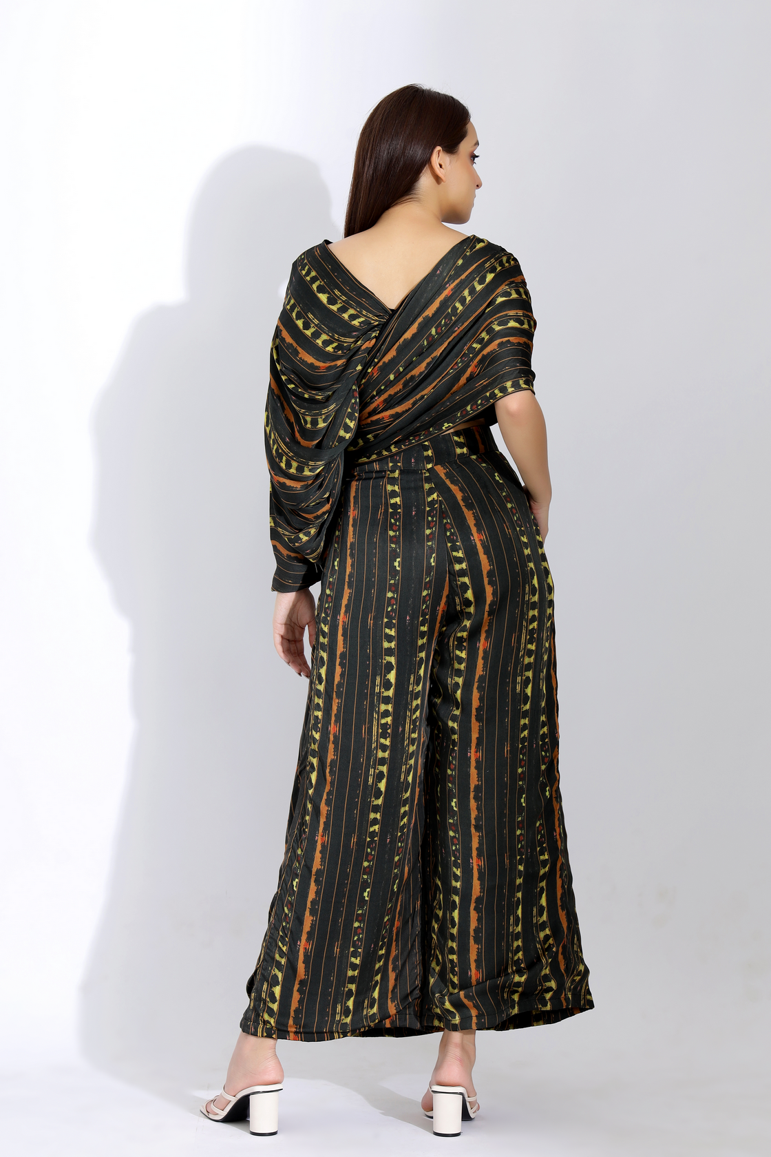 INVERTED PLEATED PANTS AND DRAPE BLOUSE