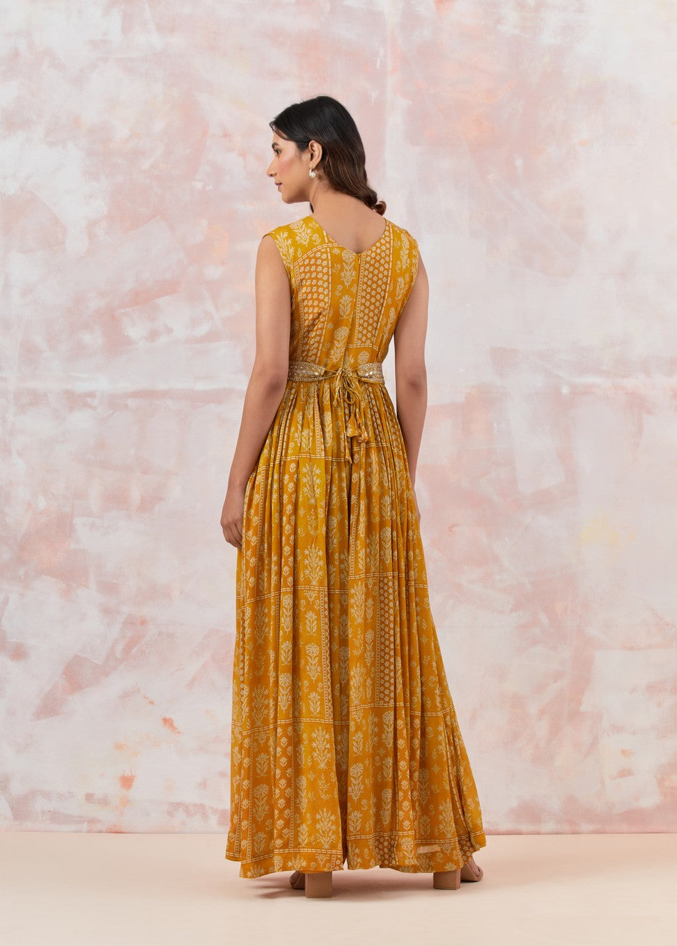 Yellow Jumpsuit With Embroidered Belt