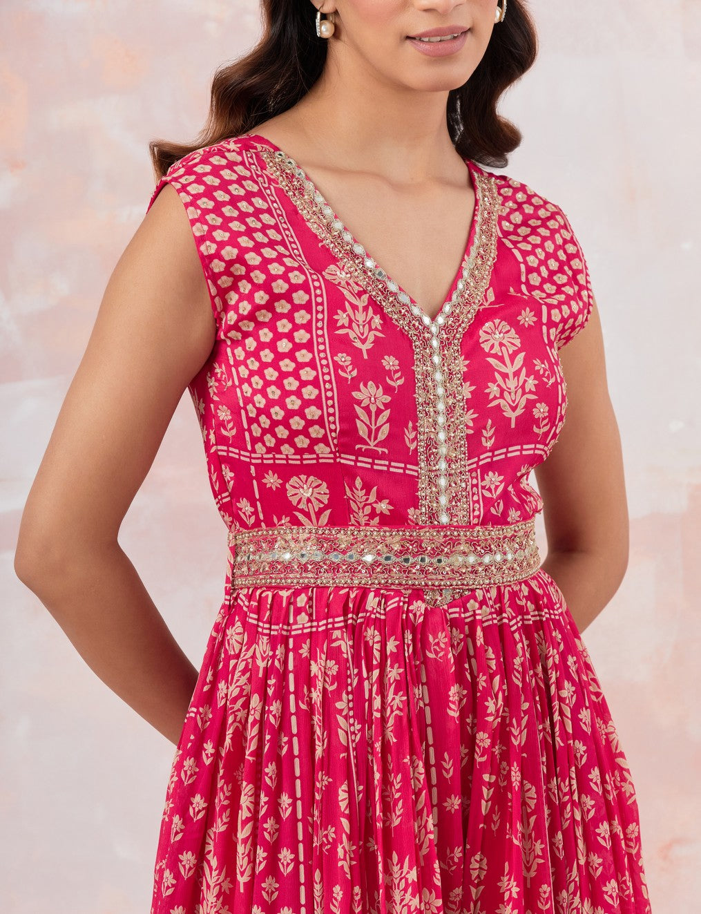 Pink Jumpsuit With Embroidered Belt