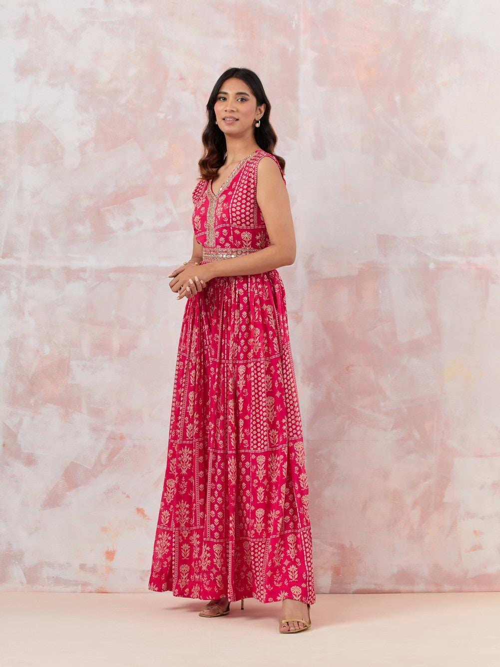 Pink Jumpsuit With Embroidered Belt