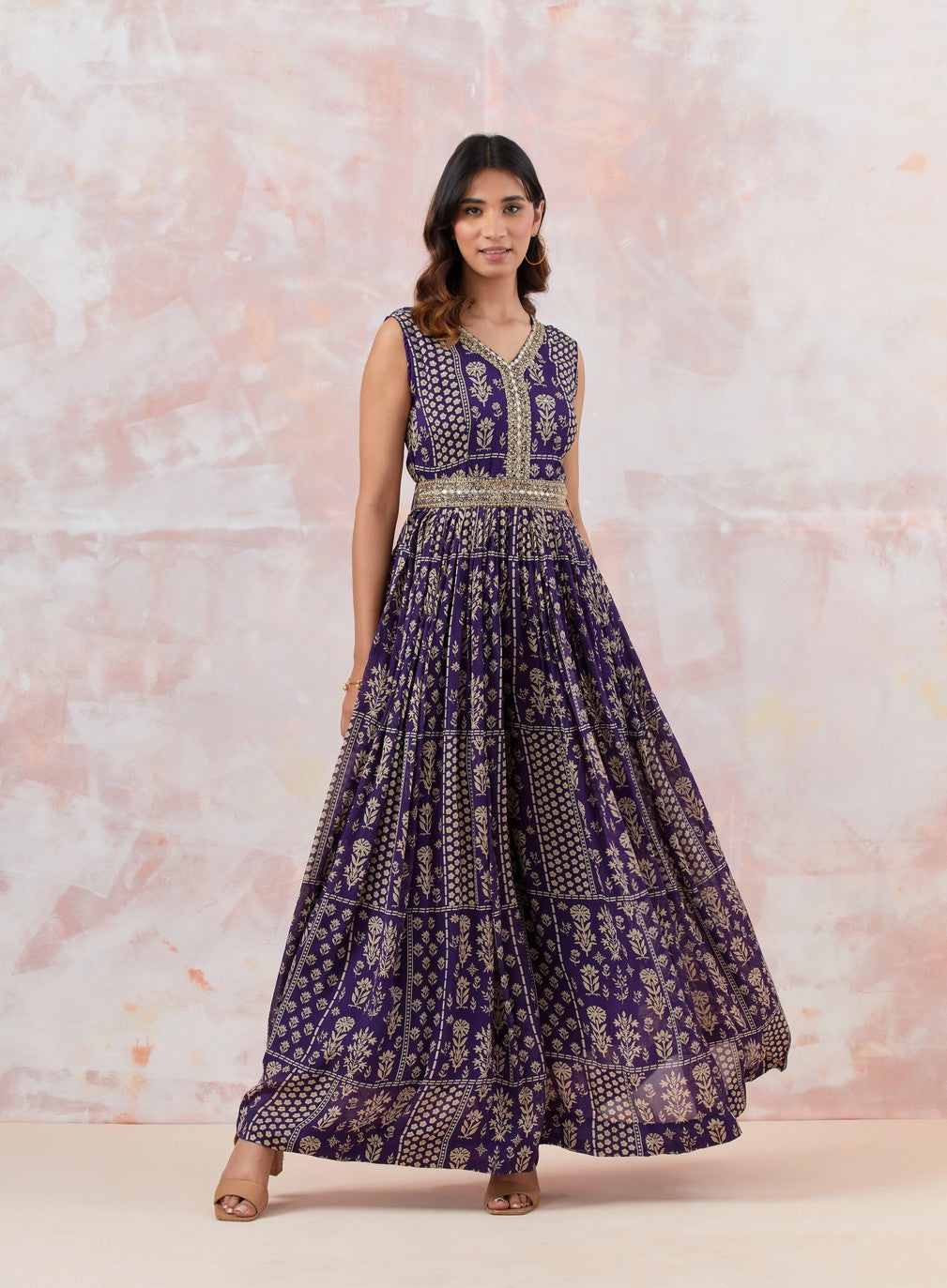 Purple Jumpsuit With Embroidered Belt