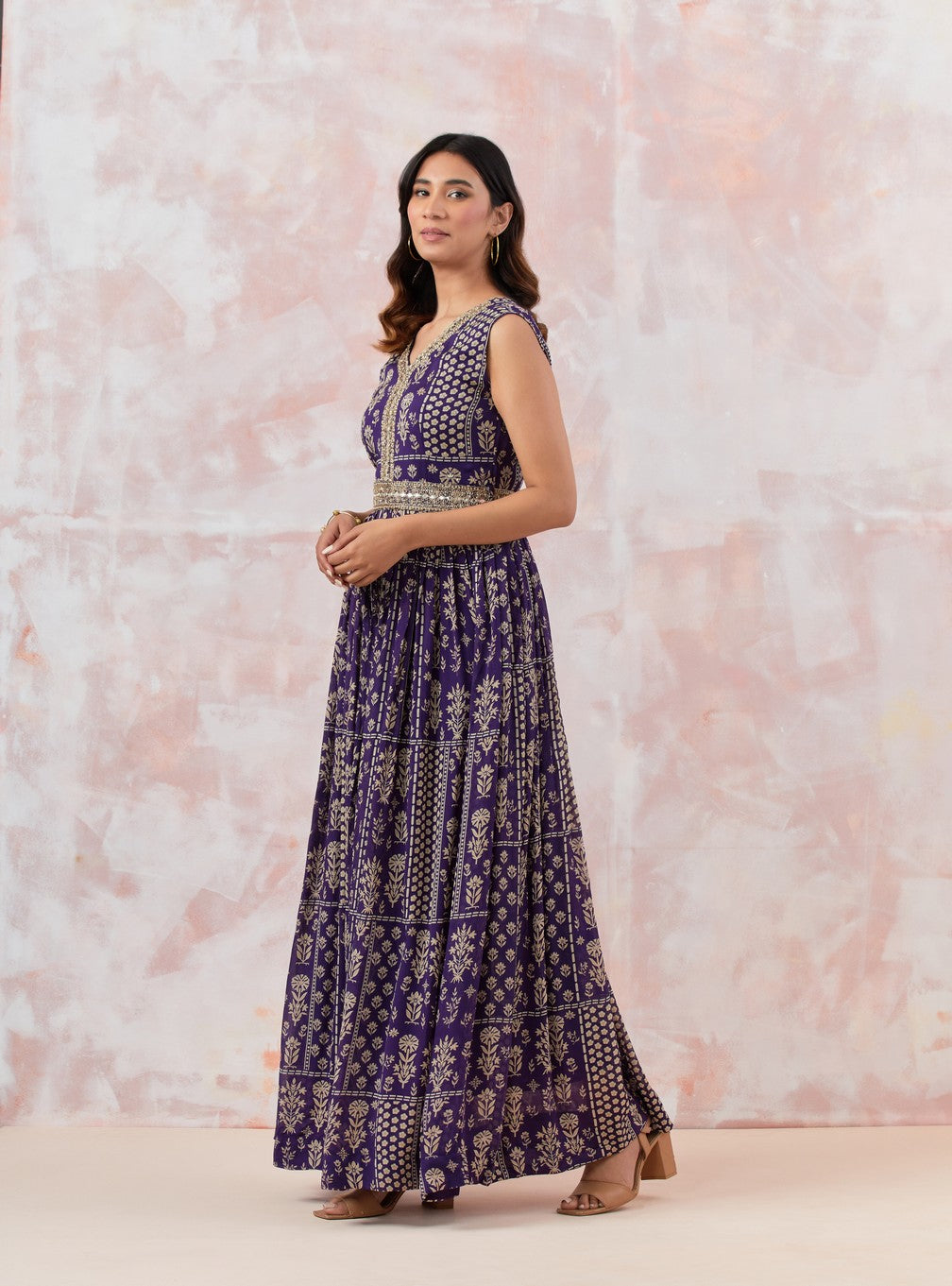 Purple Jumpsuit With Embroidered Belt