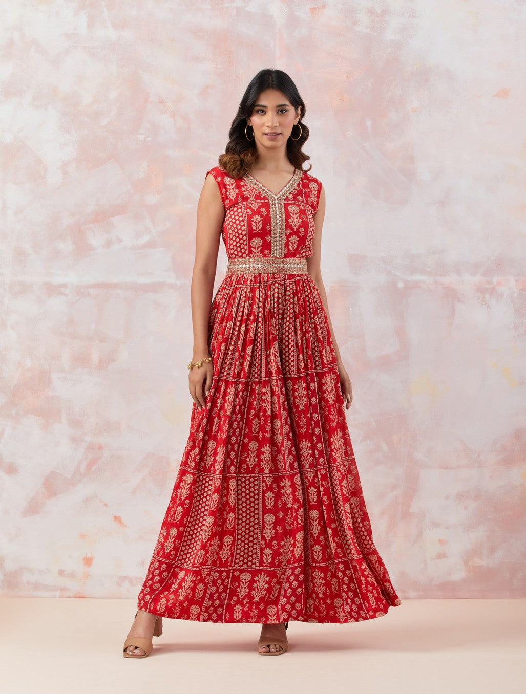 Red Jumpsuit With Embroidered Belt