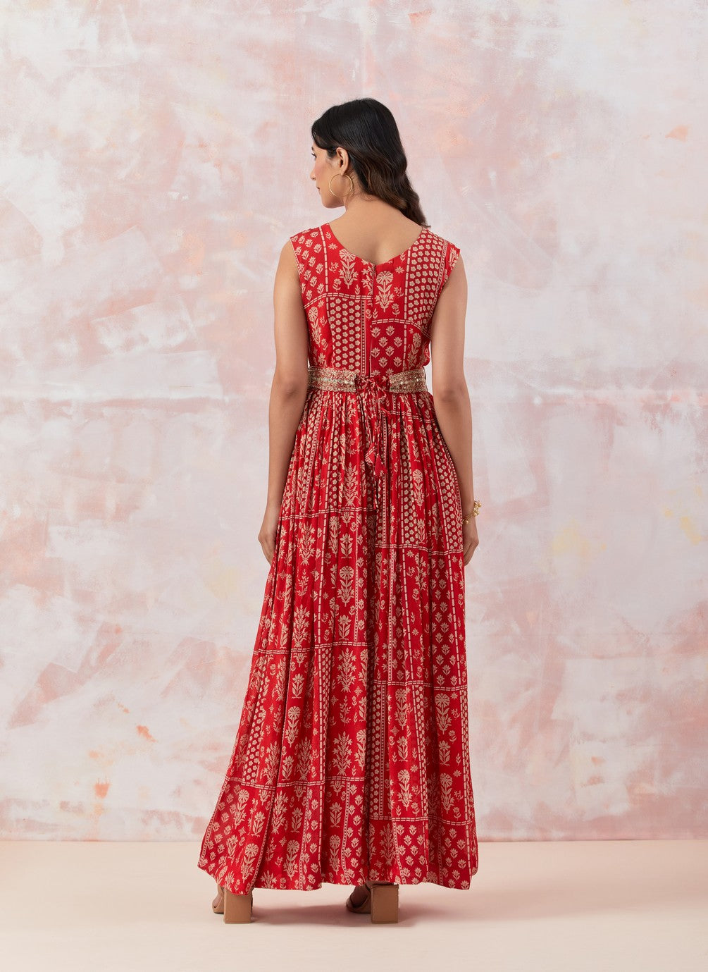 Red Jumpsuit With Embroidered Belt