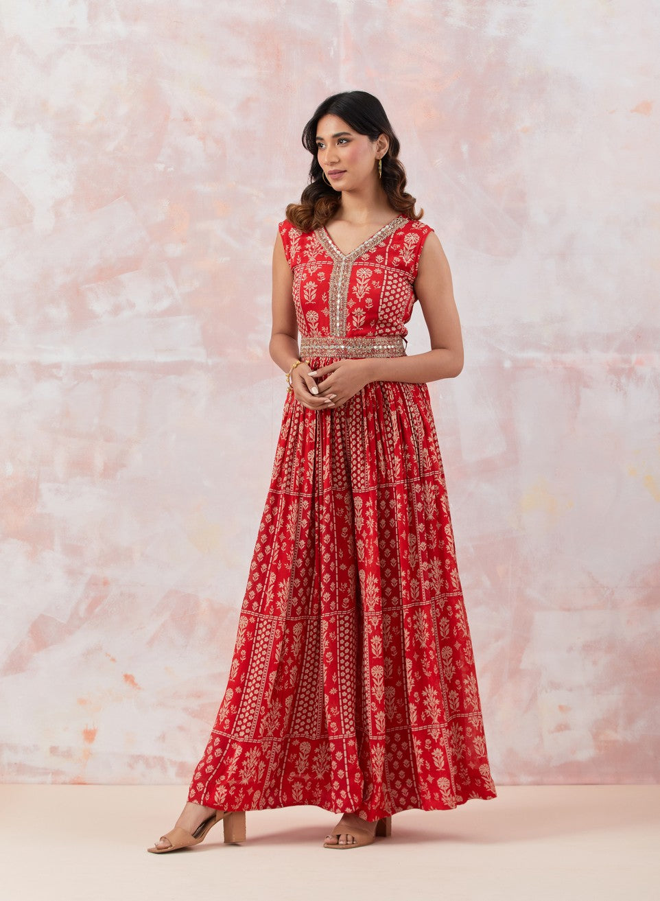 Red Jumpsuit With Embroidered Belt