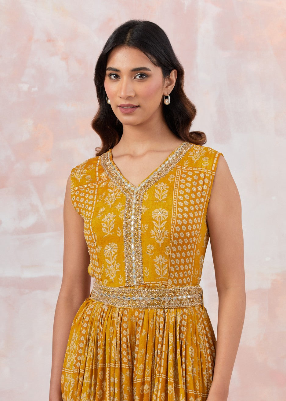 Yellow Jumpsuit With Embroidered Belt