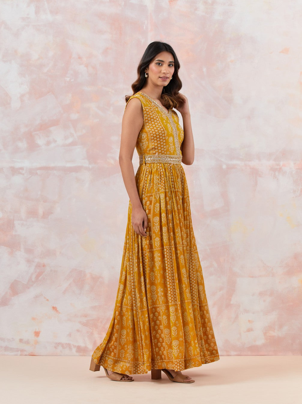 Yellow Jumpsuit With Embroidered Belt