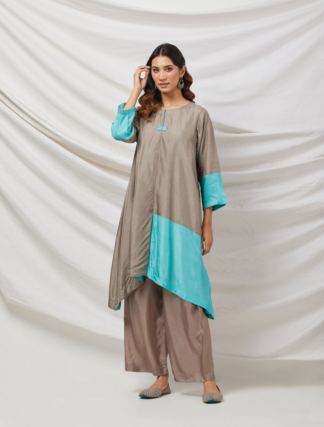 Beige & Blue Cotton Silk Tunic Set