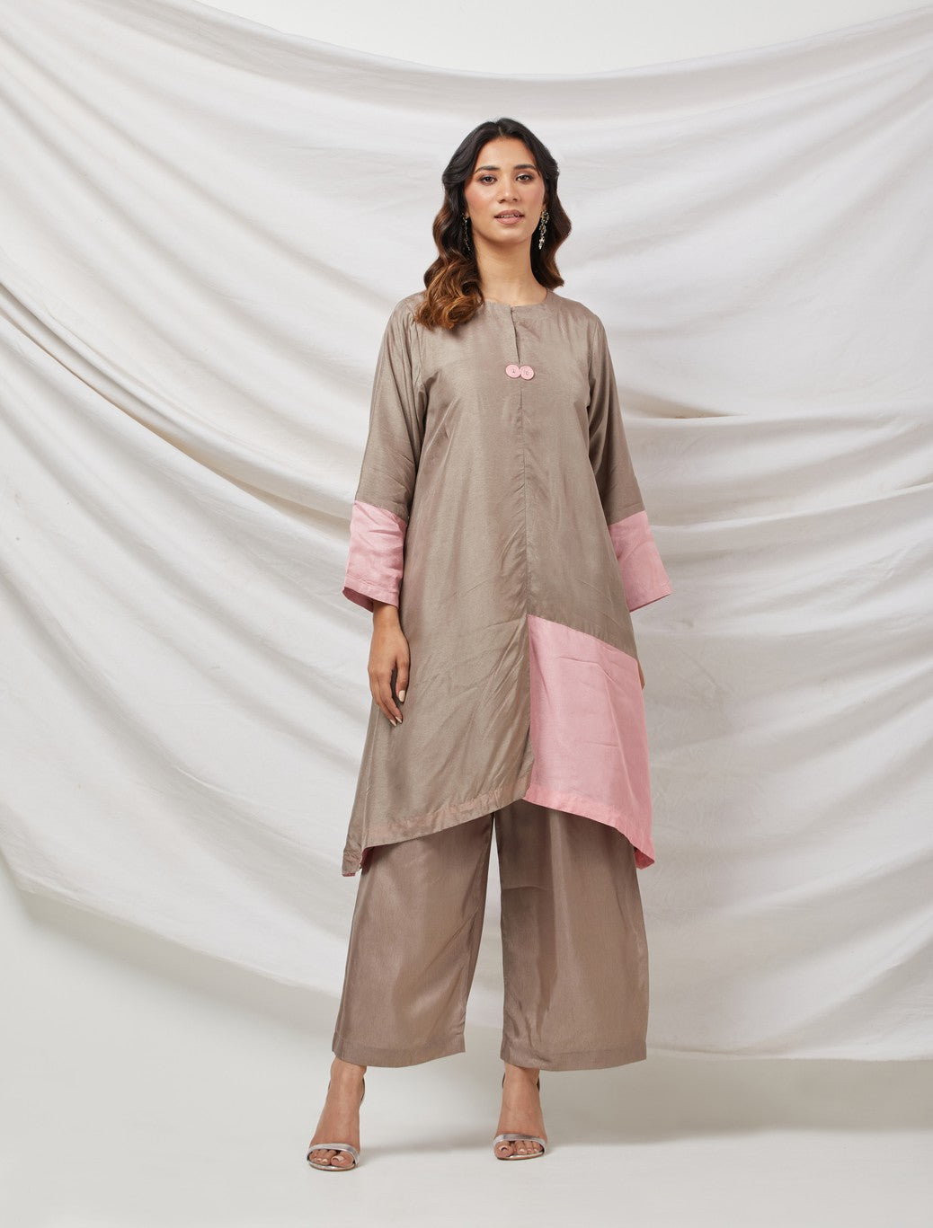 Beige & Pink Cotton Silk Tunic Set