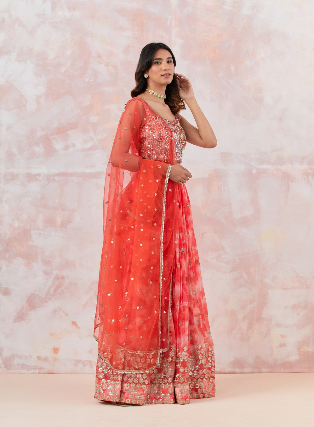 Pink Embroidered Lehenga Set With Sleeveless Blouse