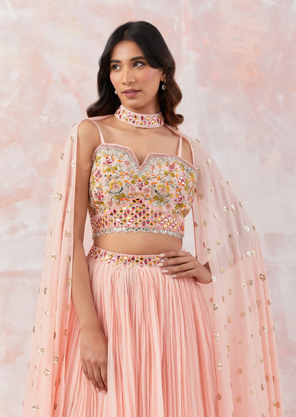 Peach Georgette Lehenga & Cape Dupatta
