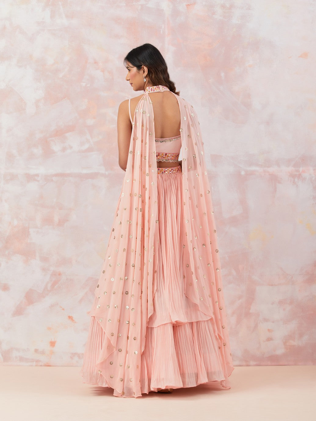 Peach Georgette Lehenga & Cape Dupatta