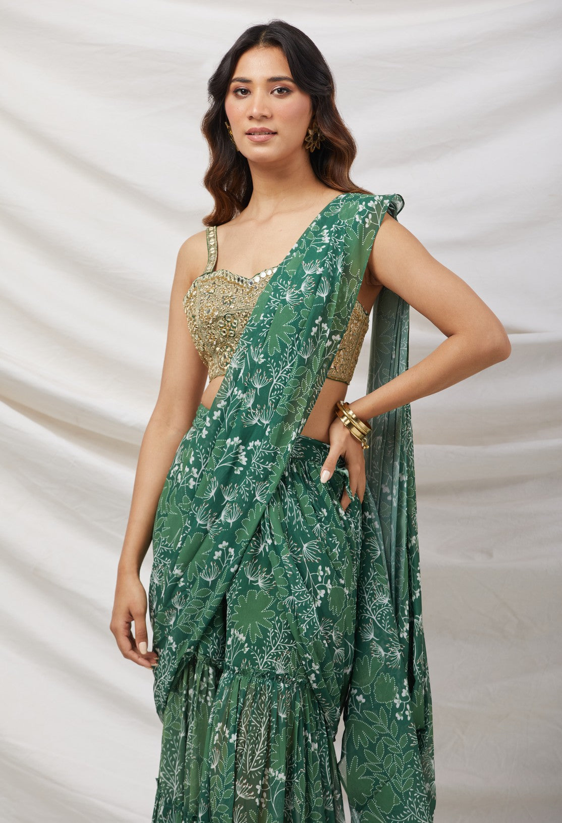Green Pre-Draped Sharara Saree