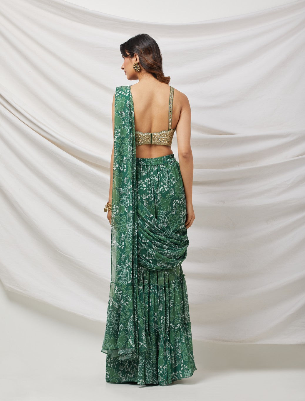 Green Pre-Draped Sharara Saree