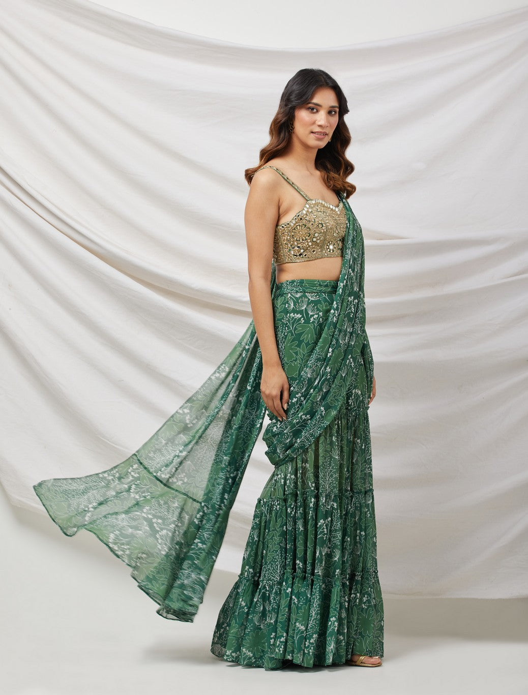 Green Pre-Draped Sharara Saree