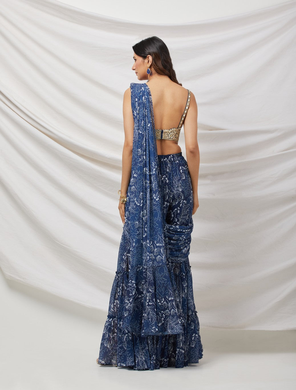 Navy Blue Pre-Draped Sharara Saree