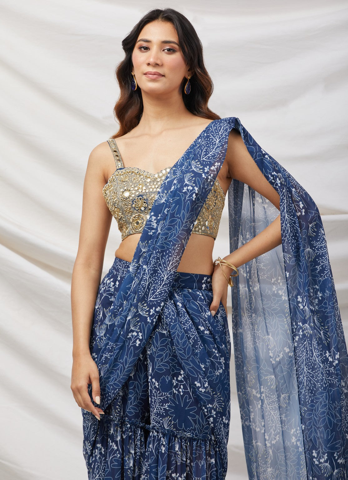 Navy Blue Pre-Draped Sharara Saree