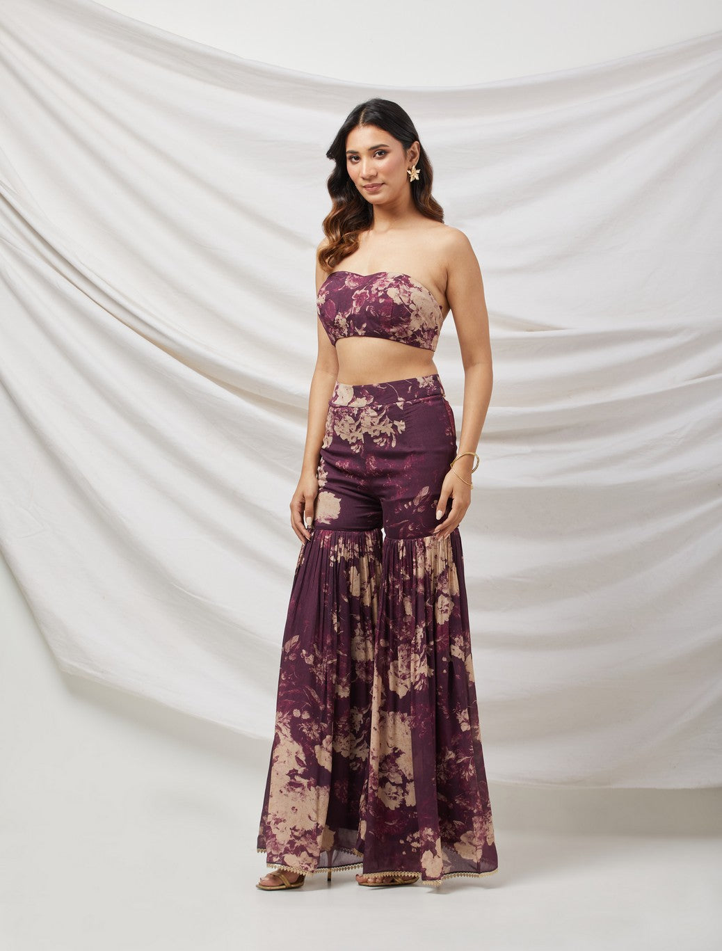 Wine Indo-Western Sharara Set With Bustier