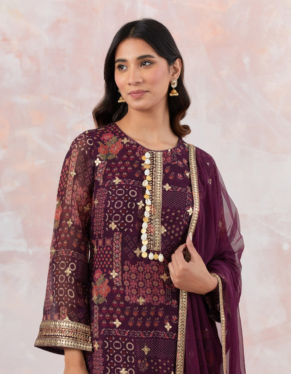 Wine Embellished Sharara Set