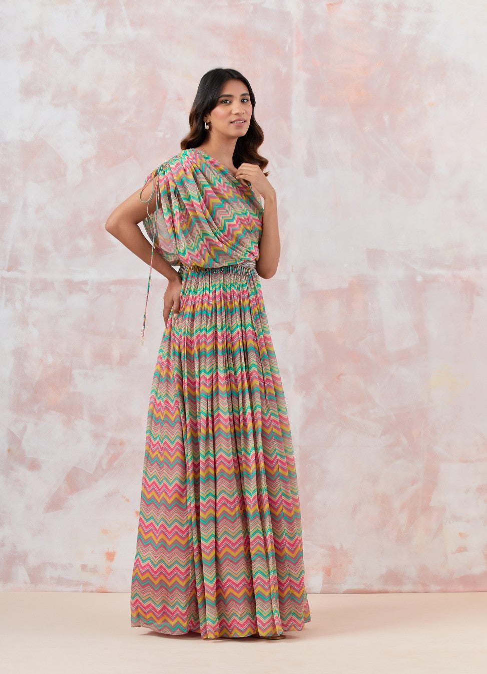 Pink Maxi Dress With Embroidered Belt