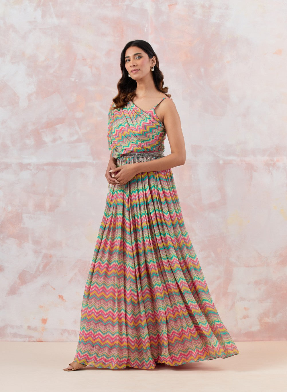 Pink Maxi Dress With Embroidered Belt