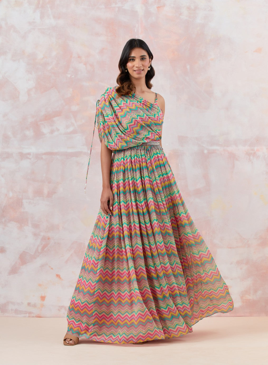 Pink Maxi Dress With Embroidered Belt
