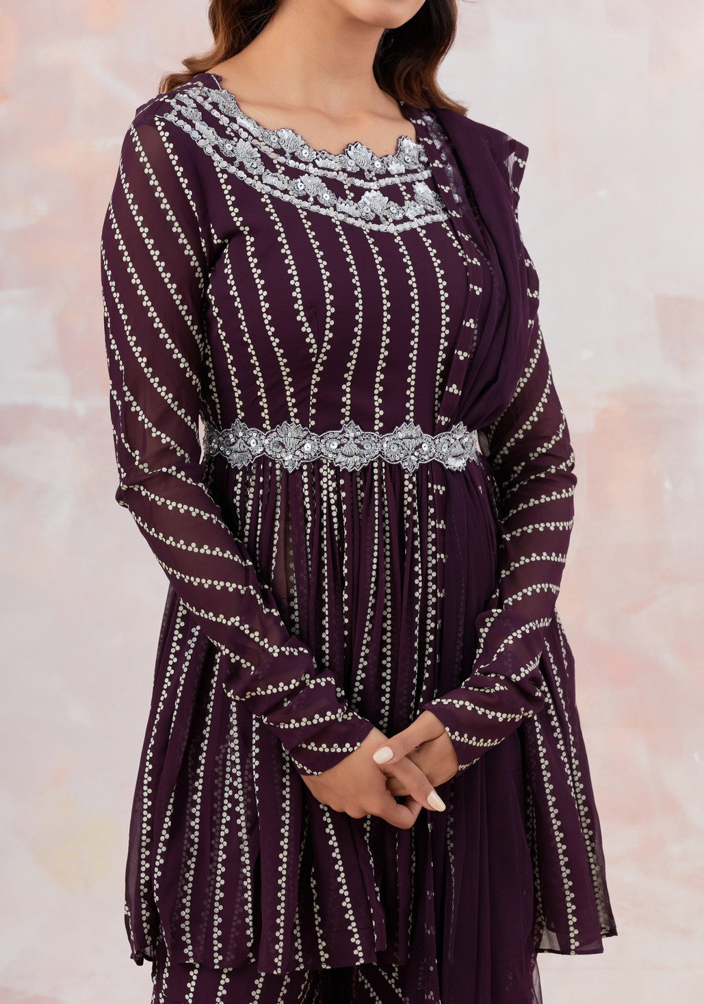 Wine Sequinned Sharara Set