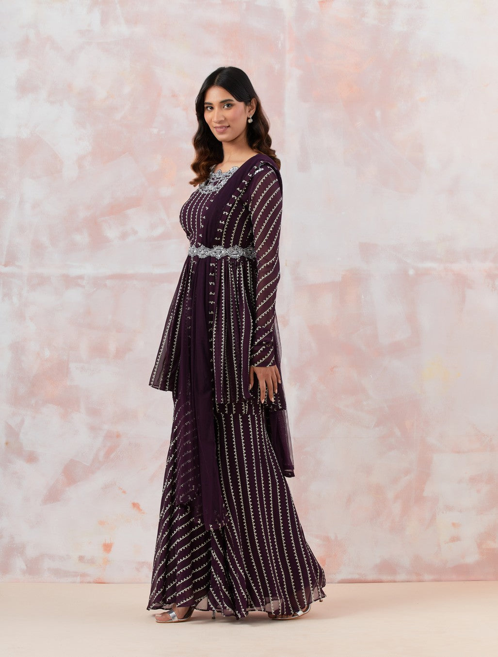 Wine Sequinned Sharara Set