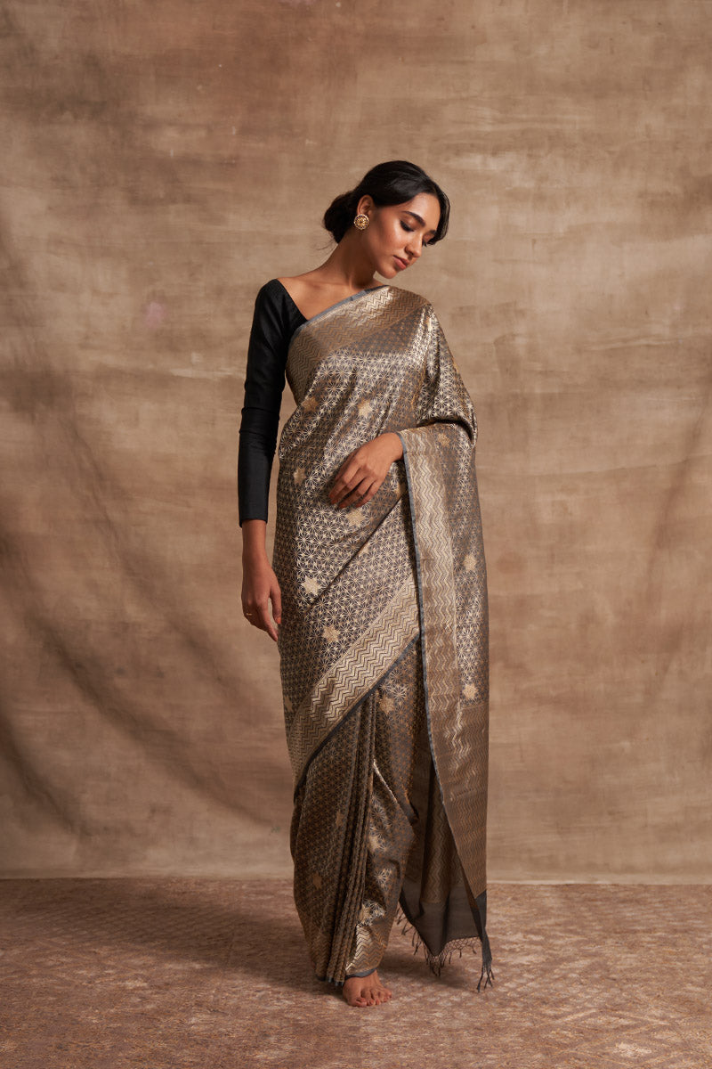 Slaty Geometrical Zari Pure Silk saree