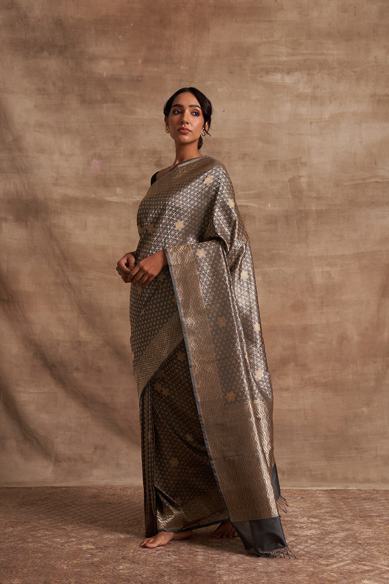 Slaty Geometrical Zari Pure Silk saree