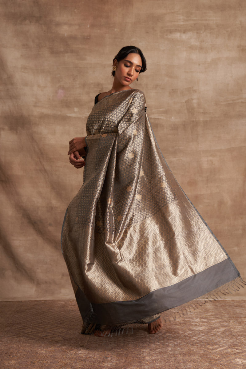 Slaty Geometrical Zari Pure Silk saree