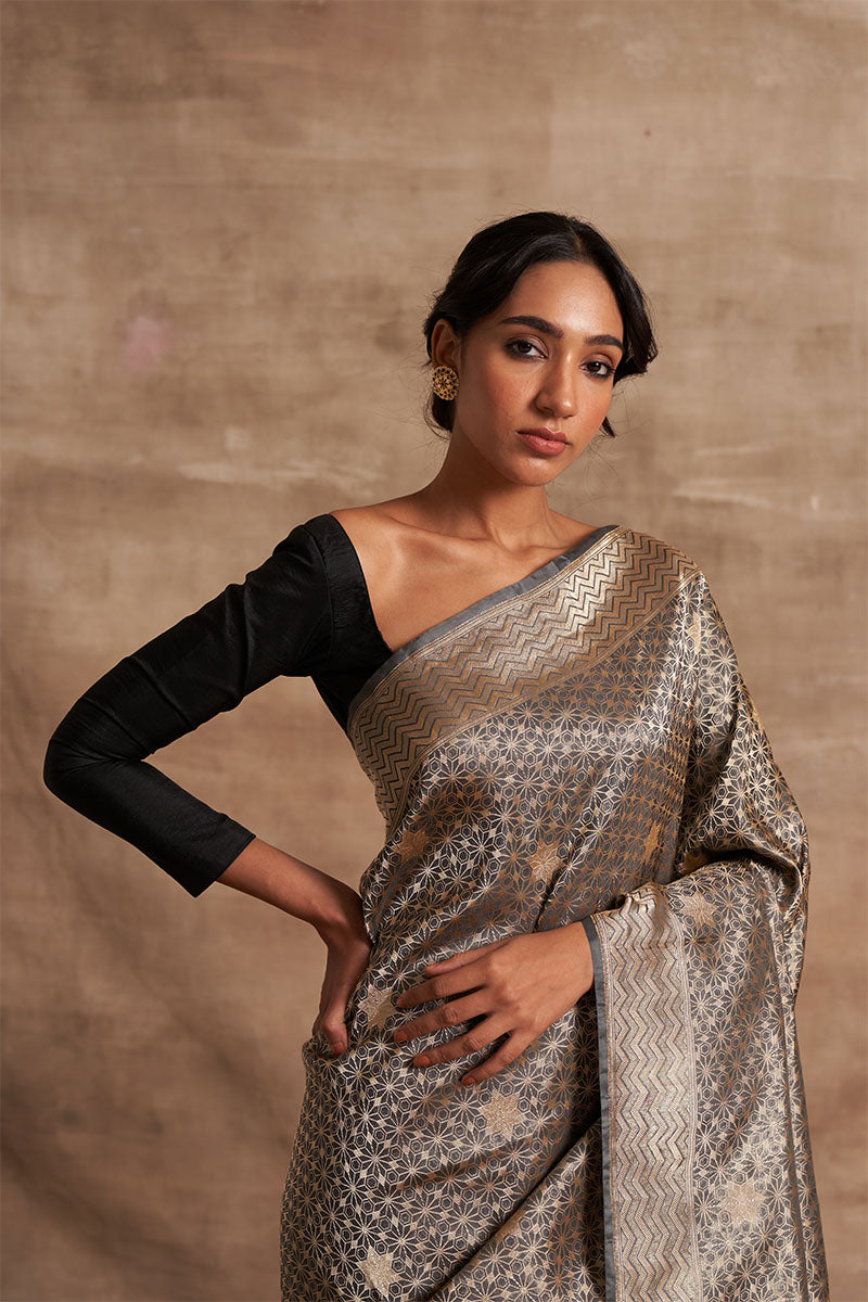 Slaty Geometrical Zari Pure Silk saree