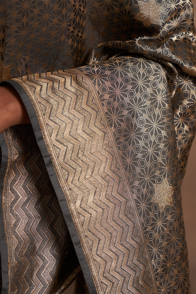 Slaty Geometrical Zari Pure Silk saree