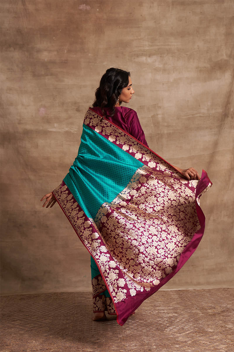Firozi Jangla Kadiyal Zari Pure Silk saree