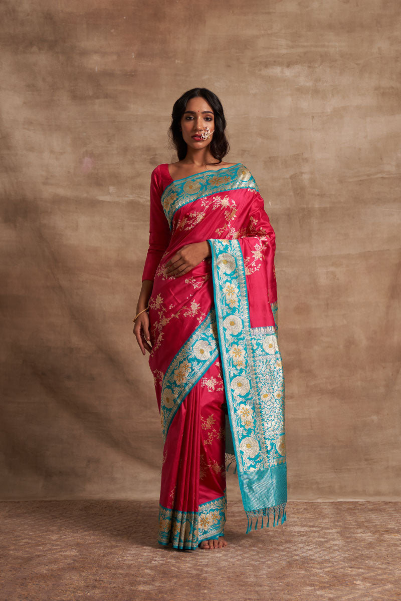 Rani Jangla Firozi Kadiyal Zari Pure Silk saree