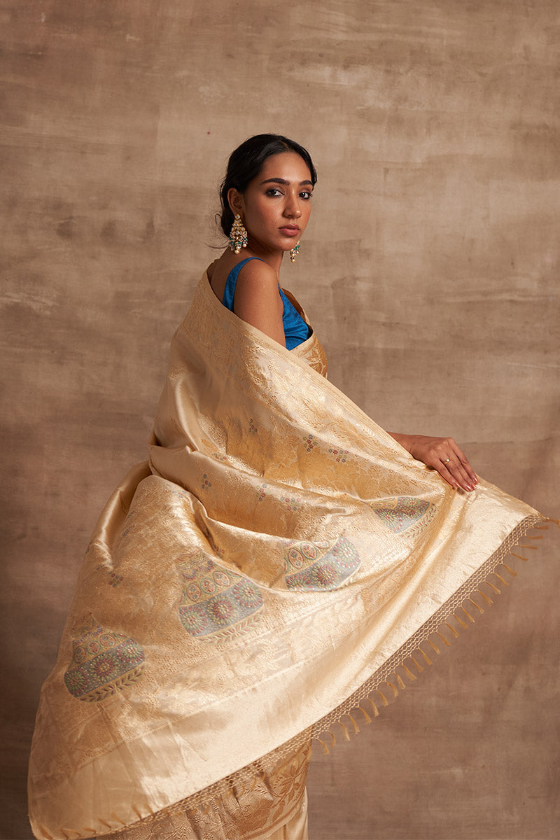 Shwet Buttedar Zari Pure Silk saree