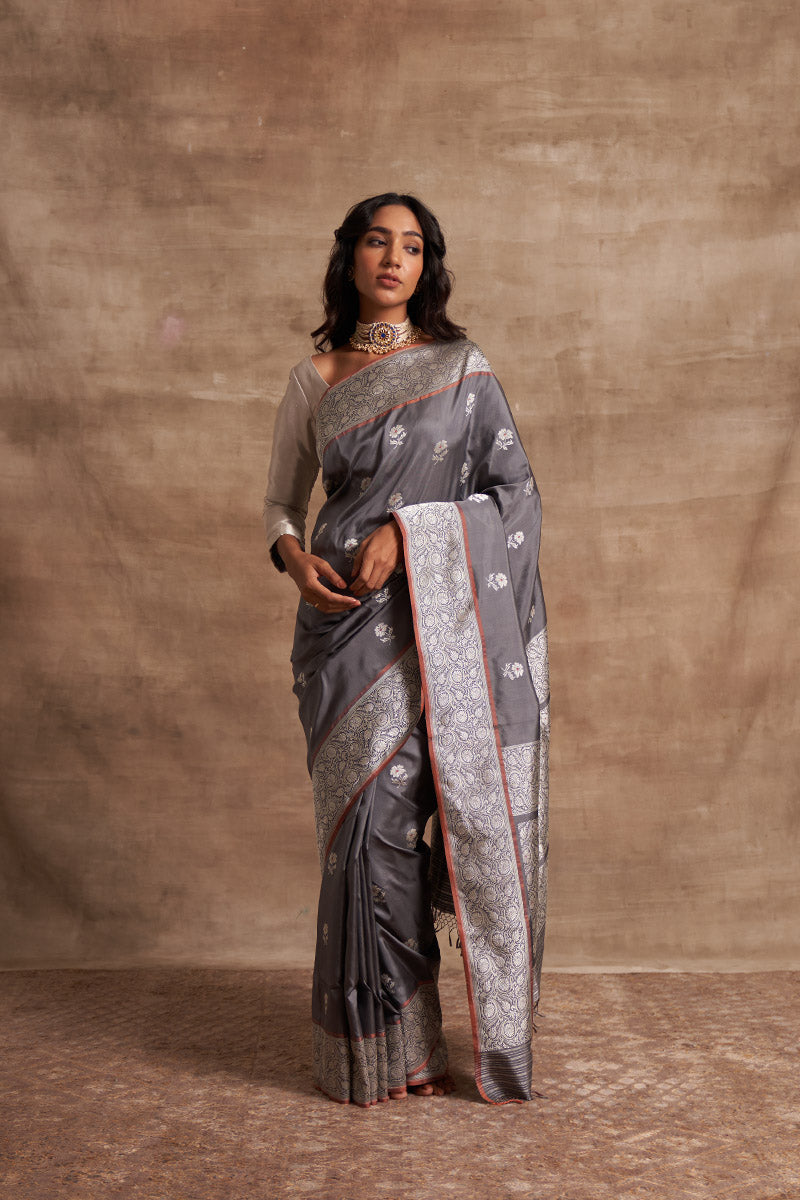Slaty Buttedar Zari Pure Silk saree