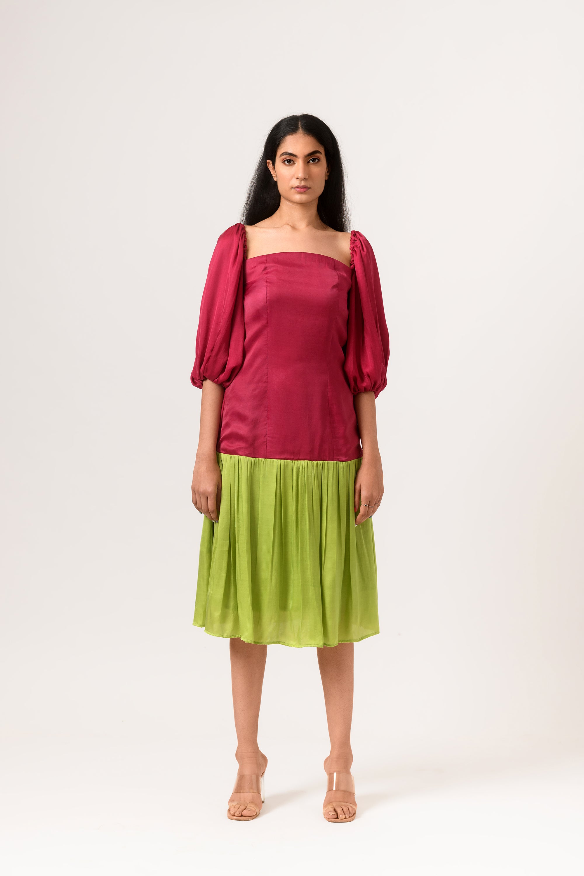 green gather dress