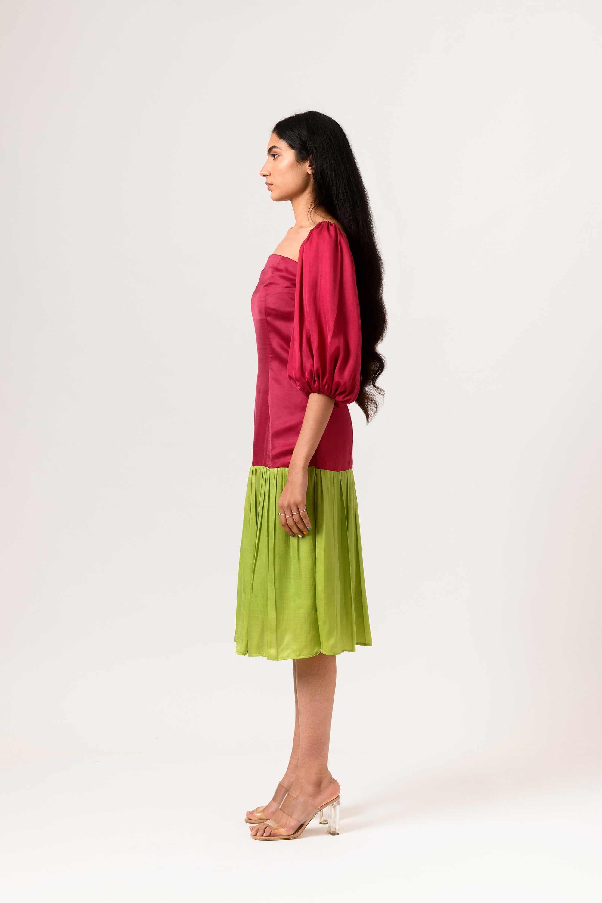 green gather dress