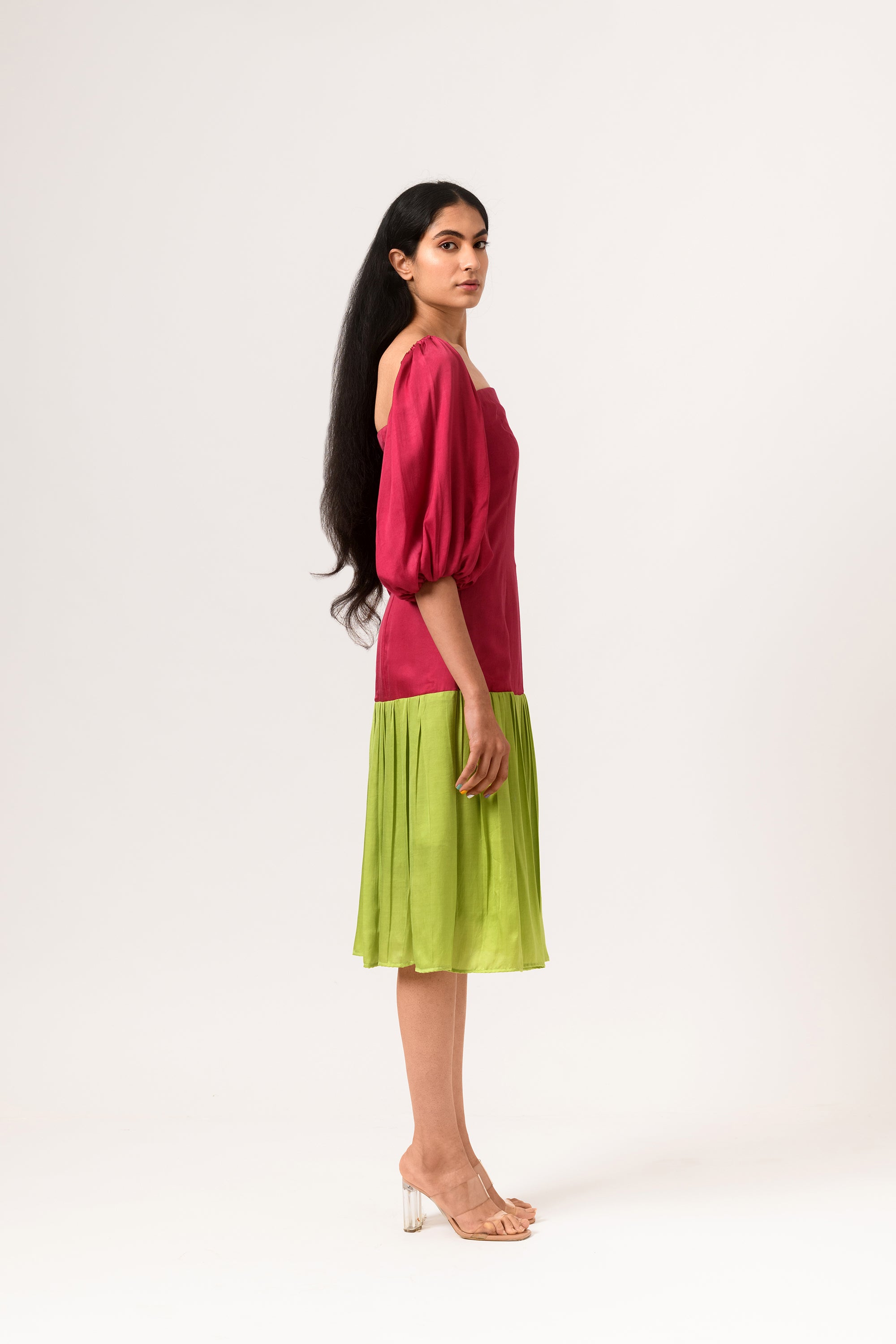 green gather dress